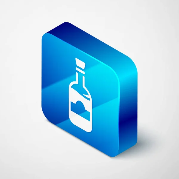 Isometrische Flessen Wijn Pictogram Geïsoleerd Grijze Achtergrond Blauwe Vierkante Knop — Stockvector