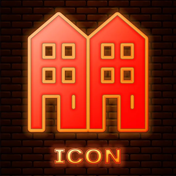 Icona Luminosa Neon House Isolata Sfondo Muro Mattoni Home Symbol — Vettoriale Stock