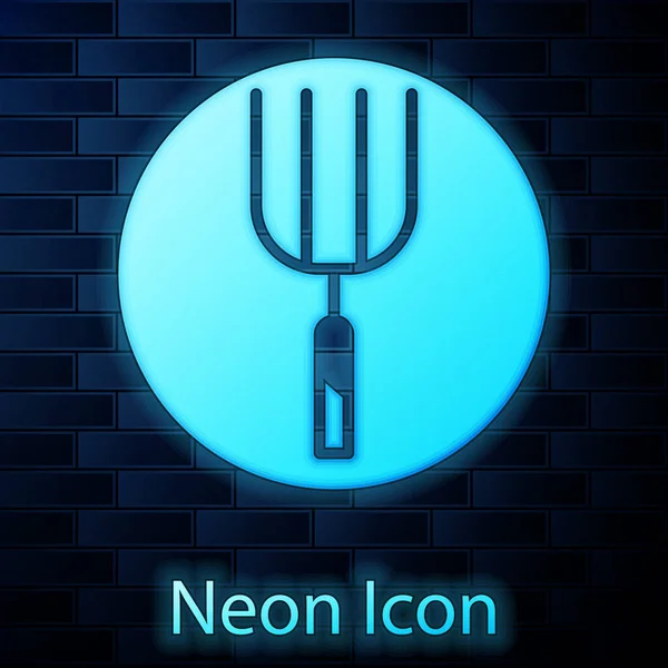 Gloeiende Neon Tuin Hooivork Pictogram Geïsoleerd Baksteen Muur Achtergrond Tuinvorkbord — Stockvector