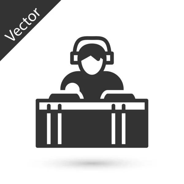 Grey Wearing Headphones Front Record Decks Icon Isolated White Background — Stock Vector