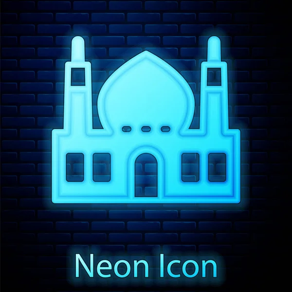 Leuchtende Neonfarbene Muslimische Moschee Ikone Isoliert Auf Backsteinmauer Hintergrund Vektor — Stockvektor