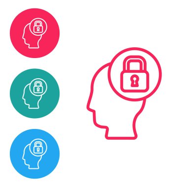 Beyaz arka planda kilit simgesi olan kırmızı çizgi insan kafası. Simgeleri daire düğmelerine ayır. Vektör.