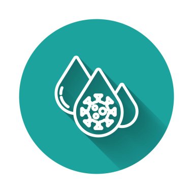 Beyaz çizgi kan testi ve virüs molekülü koronavirüs ikonu uzun gölgeli izole edilmiş. Coronavirus, COVID-19. 2019-nCoV. Yeşil daire düğmesi. Vektör..