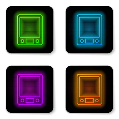 Parlayan neon hattı elektronik ölçek simgesi beyaz arkaplanda izole edildi. Ağırlık ölçüm aletleri. Siyah kare düğme. Vektör.