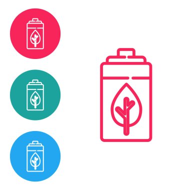 Kırmızı çizgi Eko doğa yaprağı ve batarya ikonu beyaz arka planda izole edildi. Enerji, ekoloji tasarruf kavramına dayanır. Simgeleri daire düğmelerine ayır. Vektör.