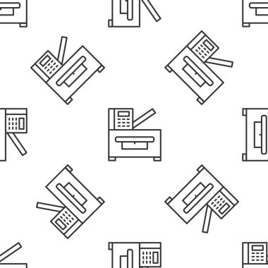 Gri çizgi Ofis çoklu işlevli yazıcı fotokopi makinesi simgesi beyaz arkaplandaki kusursuz deseni izole etti. Vektör.