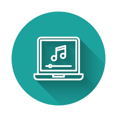 Ekran simgesinde uzun gölgeli beyaz çizgi dizüstü bilgisayar. Yeşil daire düğmesi. Vektör.