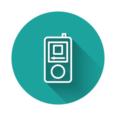 Beyaz çizgi müzik çalar simgesi uzun gölgeli izole. Taşınabilir müzik cihazı. Yeşil daire düğmesi. Vektör.