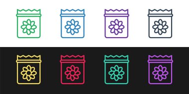 Siyah ve beyaz arkaplanda izole edilmiş özel bir bitki simgesinin tohumlarıyla dolu bir çizgi paketi oluştur. Vektör