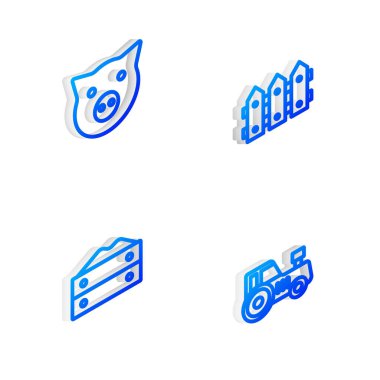 Isometric Hattı, çit, ahşap, domuz, un torbası ve traktör ikonu kur. Vektör