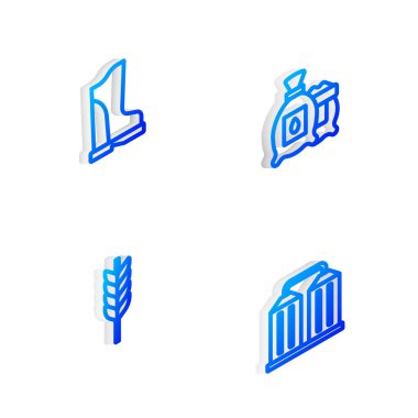 Bitki tohumu dolu Isometric hattı, su geçirmez lastik bot, buğday ve tahıl ambarı ikonu koyun. Vektör