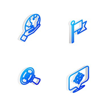 Isometric hattı, Dünya 'yı tutan el büyüteçle ve ikonla hedef alın. Vektör