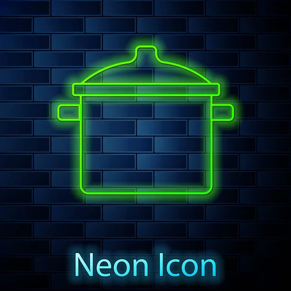 Glödande Neon Linje Matlagning Potten Ikon Isolerad Tegel Vägg Bakgrund — Stock vektor