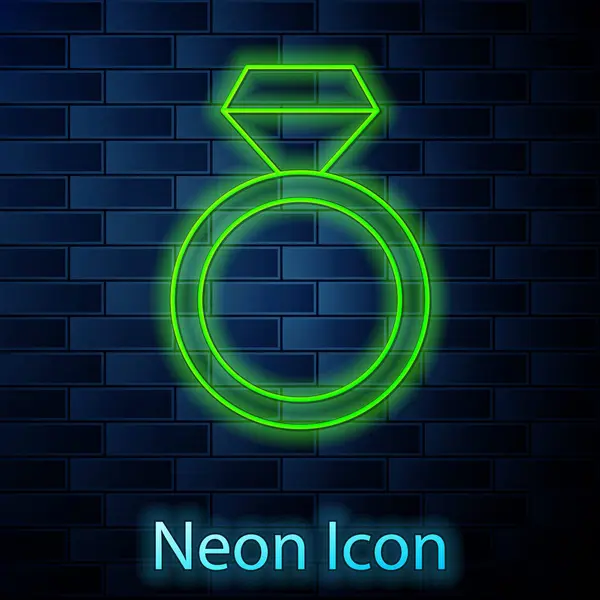 Glowing Neon Line Diamond Engagement Ring Icon Isolated Brick Wall — Stock Vector