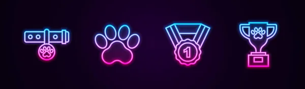 Встановити Рядок Collar Іменем Тег Paw Print Dog Award Symbol — стоковий вектор