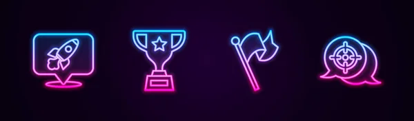 Roket gemisi, ödül kupası, Bayrak ve Hedef. Parlayan neon ikonu. Vektör