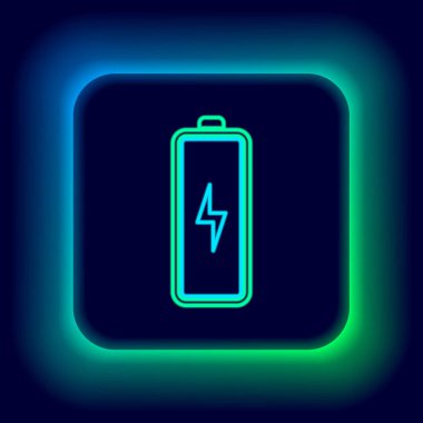 Parlayan neon çizgisi Batarya simgesi siyah arkaplanda izole edildi. Şimşek sembolü. Renkli taslak konsepti. Vektör