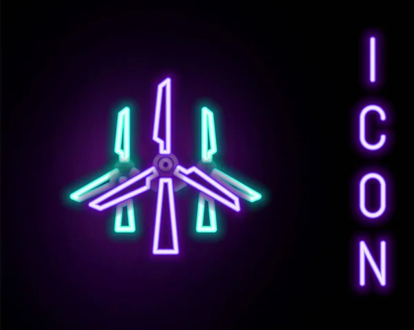 Linea Neon Incandescente Icona Delle Turbine Eoliche Isolata Sfondo Nero — Vettoriale Stock