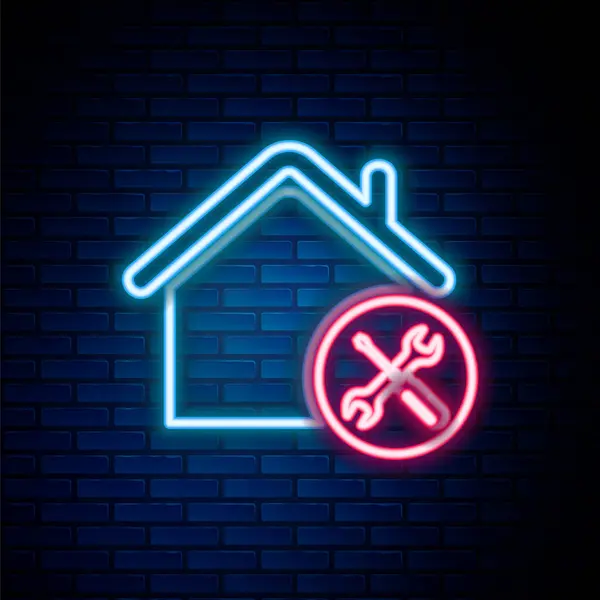Linea Neon Luminosa Casa Casa Con Cacciavite Chiave Icona Isolato — Vettoriale Stock