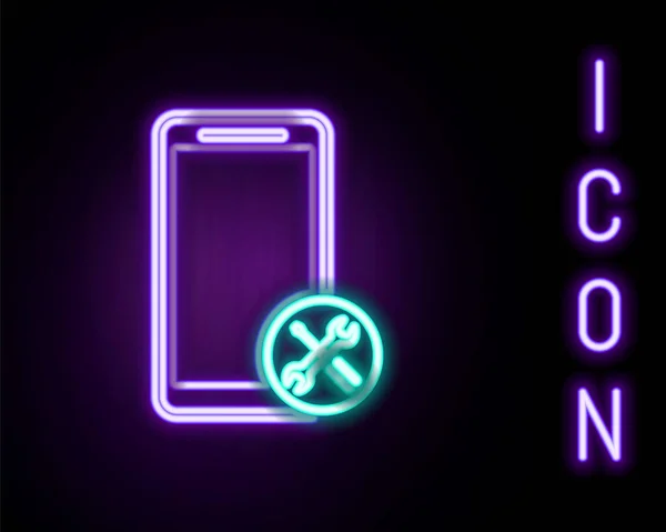 Linea Neon Luminosa Smartphone Con Cacciavite Chiave Icona Isolato Sfondo — Vettoriale Stock