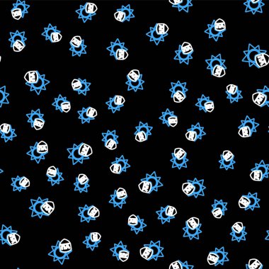 Çizgi UV koruma simgesi siyah arkaplanda izole edilmiş pürüzsüz desen. Güneş ve kalkan. Ultra menekşe ışınları radyasyon. SPF güneş işareti. Vektör