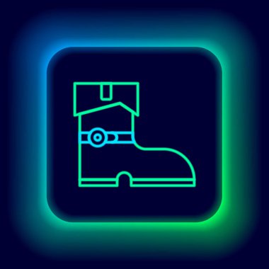 Parlak neon çizmeli korsan bot simgesi siyah arka planda izole edilmiş. Renkli taslak konsepti. Vektör