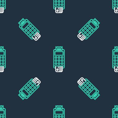 Hat POS terminali, eklenmiş kredi kartı ve yazdırılmış tarif simgesi ile siyah arkaplanda izole edilmiş kusursuz desen. NFC ödeme konsepti. Vektör