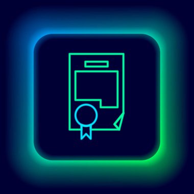 Parlayan neon hattı sertifika şablonu simgesi siyah arkaplanda izole edildi. Başarı, ödül, diploma, burs, diploma. İş başarısı sertifikası Renkli taslak konsepti. Vektör