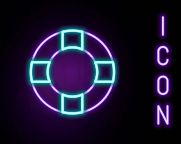 Glödande Neon Linje Lifebuoy Ikon Isolerad Svart Bakgrund Livbältessymbol Färgstarkt — Stock vektor