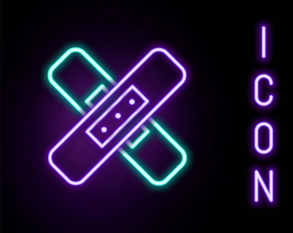 Gloeiende Neon Lijn Gekruiste Pleister Icoon Geïsoleerd Zwarte Achtergrond Medische — Stockvector