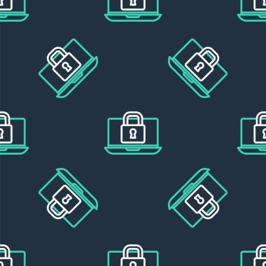 Çizgi dizüstü bilgisayar ve kilit simgesi siyah arkaplanda izole edilmiş. Bilgisayar ve asma kilit. Güvenlik, güvenlik, koruma kavramı. Güvenli bir ağ. Vektör