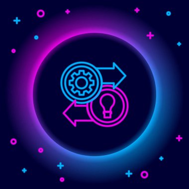 Parlayan neon hattı insan kaynakları simgesi siyah arkaplanda izole edildi. İnsan kaynakları yönetimi kavramı, profesyonel personel araştırması, baş avcı işi. Renkli taslak konsepti. Vektör