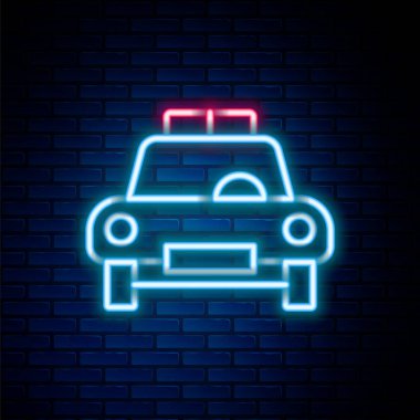 Parlak neon çizgili polis arabası ve polis teşhircisi ikonu tuğla duvar arkasında izole edilmiş. Acil durum sireni. Renkli taslak konsepti. Vektör