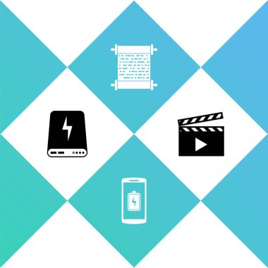 Güç bankası, akıllı telefon şarjı, kağıt kaydırma ve film alkışlama simgesi. Vektör.