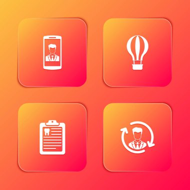 Akıllı telefonu kontağa, sıcak hava balonuna, pano dişçi kartına ve insan kaynakları simgesine ayarlayın. Vektör.