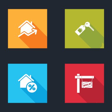 Yükselen konut maliyeti, anahtarı olan ev, perkant ve asılma simgesi satıldı. Vektör.