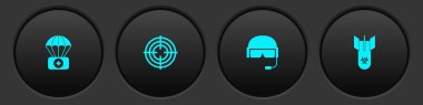 Paraşütü ilk yardım çantası, hedef sporu, askeri miğfer ve biyolojik tehlike bombası ikonu ile ayarla. Vektör.