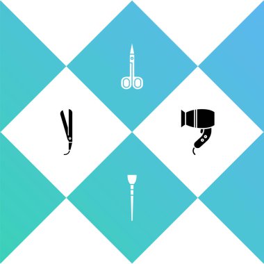 Saç maşası, makyaj fırçası, makas ve saç kurutma ikonu hazırla. Vektör.