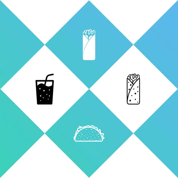 Set Glas Mit Wasser Taco Tortilla Burrito Und Symbol Vektor — Stockvektor