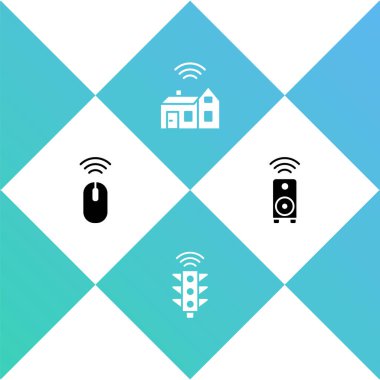 Kablosuz fare, akıllı trafik ışığı, kablosuz ve stereo hoparlörlü ev. Vektör.