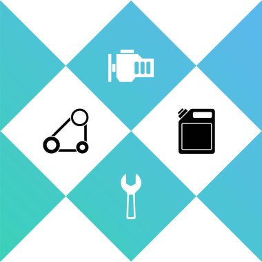 Zaman ayarlı kemer kiti, İngiliz anahtarı, benzin ikonu için motor ve teneke kutuyu kontrol et. Vektör.