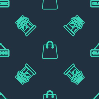 Çizgi çantası, market mağazası ve asılma tabelasını pürüzsüz bir şablona göre ayarla. Vektör.