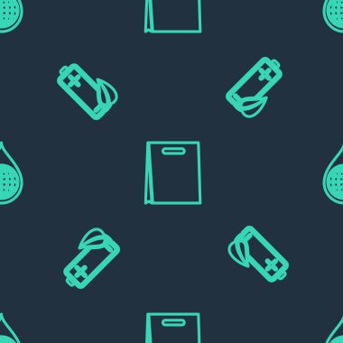 Alış veriş torbası, eko doğa yaprağı ve bataryası ve Dünya gezegenindeki su damlaları pürüzsüz bir şekilde düşüyor. Vektör.