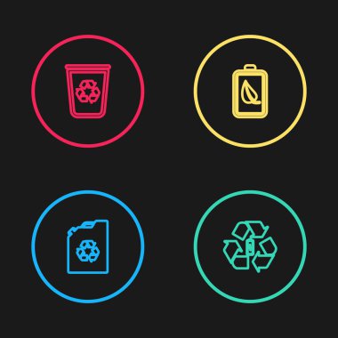 Eko yakıt tüpü, geri dönüşümlü batarya, doğal yaprak ve pil ve geri dönüşüm kutusu simgesini ayarla. Vektör.