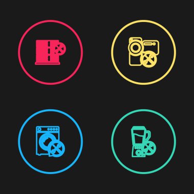 Satır Temizleme, Blender, Video kamera ve Veritabanı sunucu simgesini ayarla. Vektör.