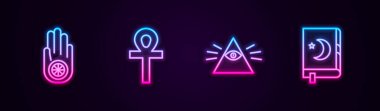 Jainism ya da Jain Dharma, Cross Ankh, Masonlar ve Kuran 'ın kutsal kitabı. Parlayan neon ikonu. Vektör.