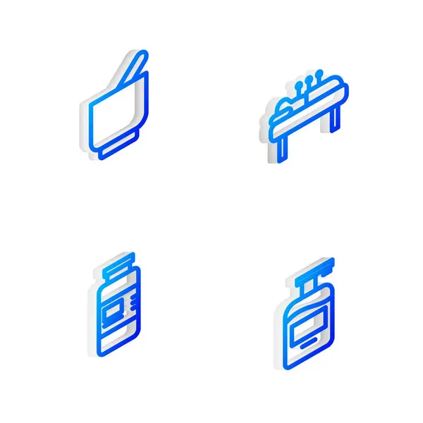 Állítsa Izometrikus Vonal Akupunktúrás Terápia Mortar Mozsártörő Kollagén Szérum Palack — Stock Vector