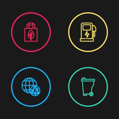 Dünya Gezegeni 'ni, geri dönüşüm kutusunu, çöp tenekesini, elektrikli araba şarj istasyonunu ve geri dönüşüm ikonlu alışveriş torbasını ayarla. Vektör