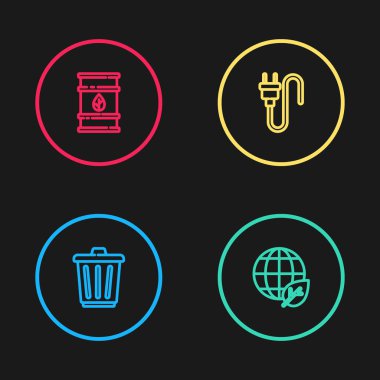 Çöp kutusu, toprak küre ve yaprak, elektrik prizi ve biyo yakıt varili ikonu. Vektör