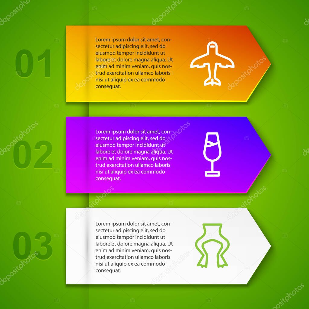 Set line Plane, Wine glass, Frog legs and Notre Dame. Business infographic template. Vector